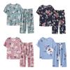 2 Pcs/Set Mid-aged Women Pajamas Set O Neck Flower Print Short Sleeve Elastic Waist Pleated Loose Thin Wide Leg Soft Sleepwear