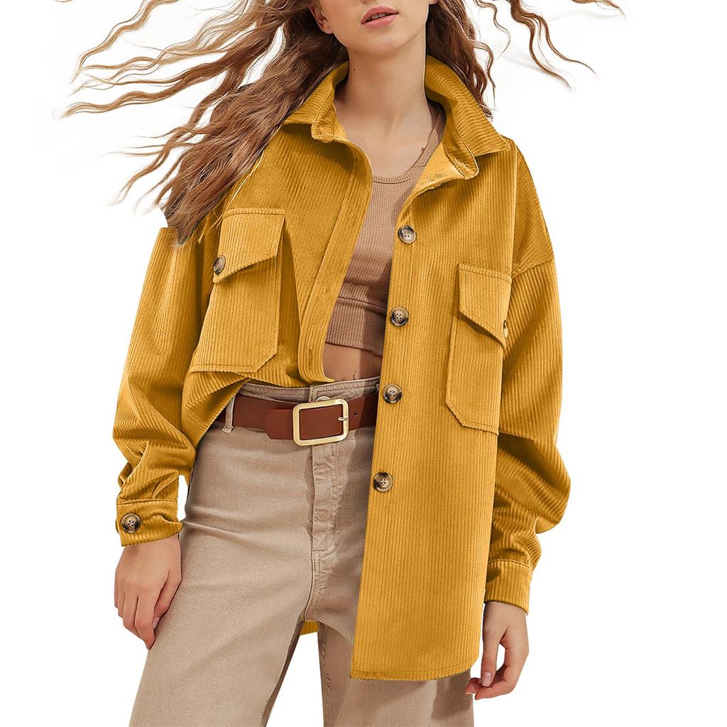 Женская однотонная вельветовая куртка-рубашка с длинным рукавом и карманами