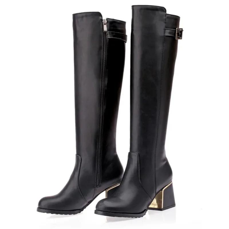 Women White Leather Knee Bare Boots Square High Heel Casual Long Tube Booties Lady Sexy Over Knee Thigh High Boots Lady Winter