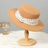 Retro polka dot elegant flat top hat women's autumn and winter flat edge retro versatile jazz hat beige socialite style felt hat
