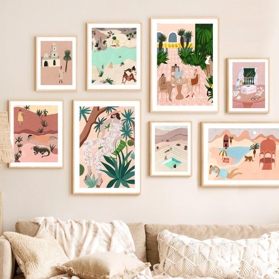 Абстрактный Марокко Пейзаж Бохо Бассейн Пляж Девушка Настенная живопись на холсте Плакаты и принты Настенные картины для декора гостиной Без рамки