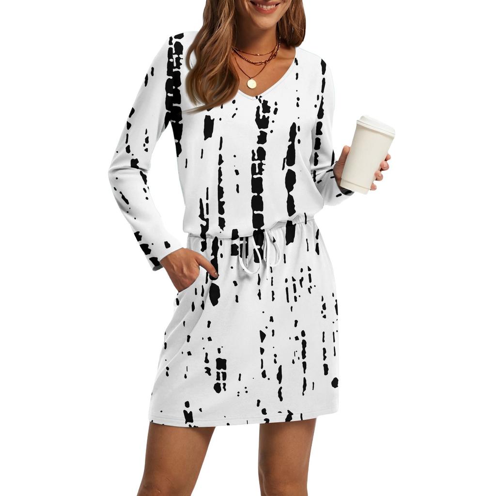 Женские модные платья с V-образным вырезом, длинным рукавом, кулиской, карманом и принтом в полоску