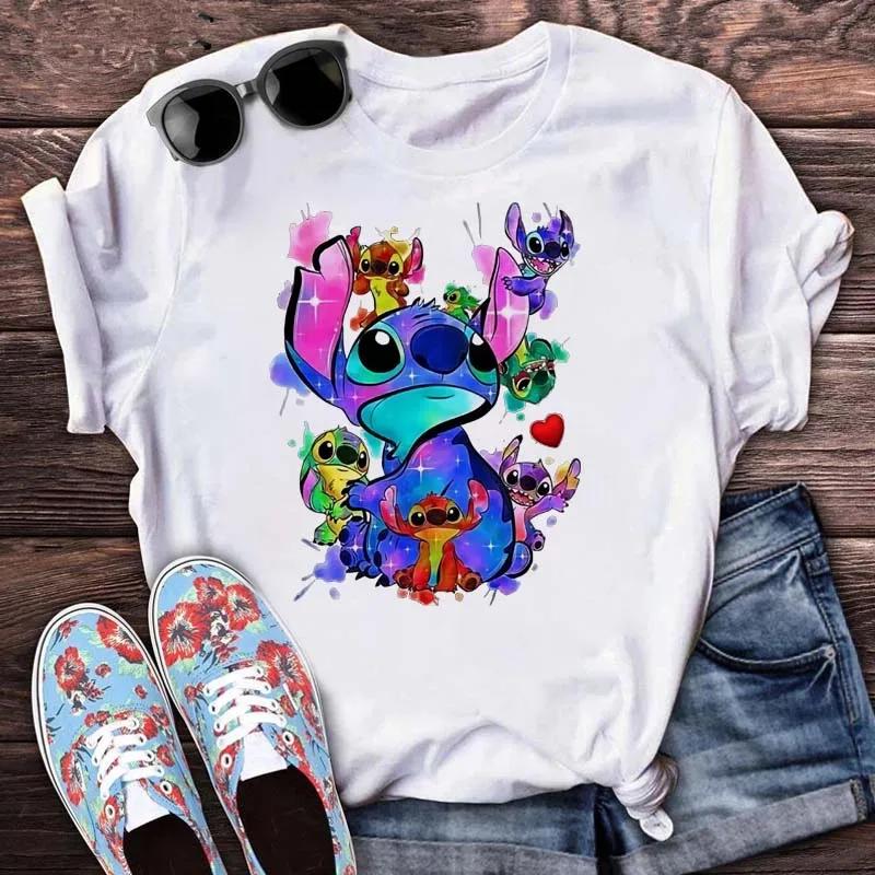 Kawaii Stitch Women's Fashion Top Casual Women's Round Neck T-Shirts Harajuku 90s Cute Stitch Women's Short Sleeves Tops Tees