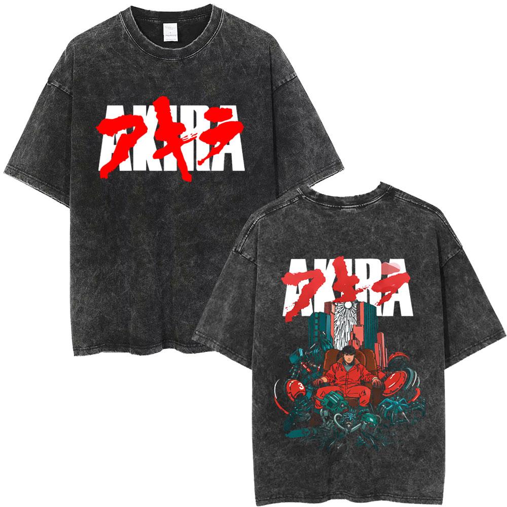Anime Akira Vintage Washed T Shirt Japanese Science Fiction Cartoon Movie Shotaro Kaneda Manga Casual Cotton Tshirts Streetwear