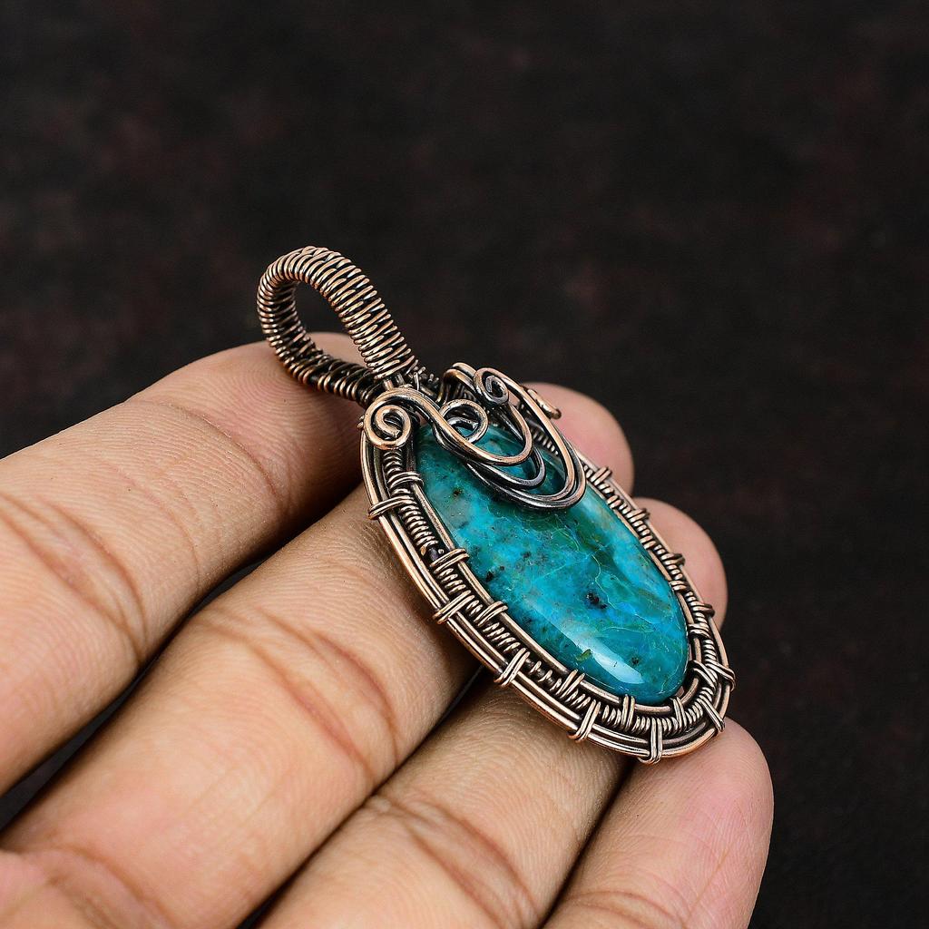 Кулон из хризоколлы, кулон с драгоценным камнем, кулон из медной проволоки, медные украшения, женский кулон ручной работы, подарок для него, подарок из хризоколлы для мамы