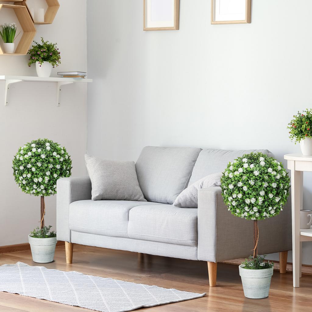 Set of 2 Decorative Artificial Plants, Ball Topiary Tree with Rose Flower in Pot, Fake Plants for Home Indoor Outdoor Decor, 60cm, White