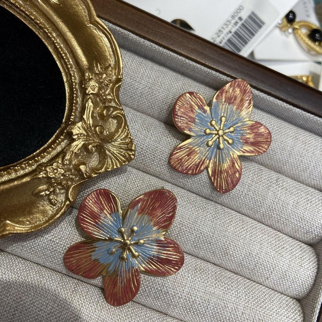 Серьги Patek Poly Color с капельным маслом Средневековая масляная живопись Новые китайские серьги-гвоздики с цветами Медь Покрытие Реальное золото Ювелирные изделия Партия