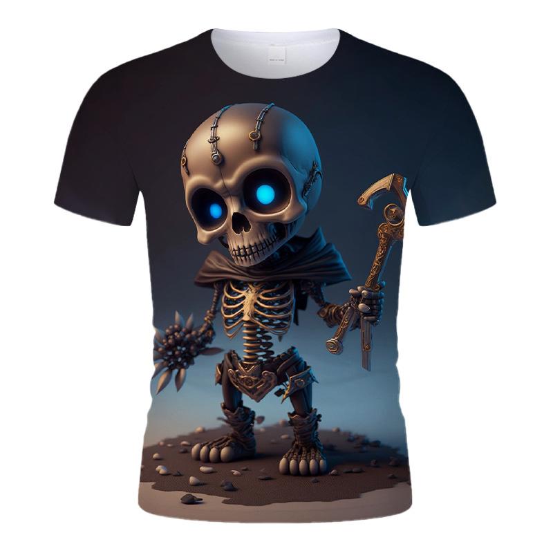 Q Edition Cute Skull Summer Men T Shirts Lightweight Breathable Casual Kids Round Neck Sleeve Short Streetwear Oversized Tops