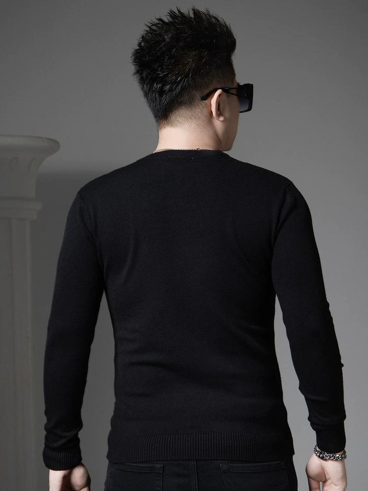 European Trendy Brand Letter-Printed Knitwear for Men, 2025 Autumn and Winter New Style, Inner Layer Base Shirt, Round-Neck Sweater for Men