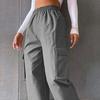 Women Cargo Pants Elastic Waist Wide Leg Solid Color Trousers Casual Joggers Sweatpants with Side Flap