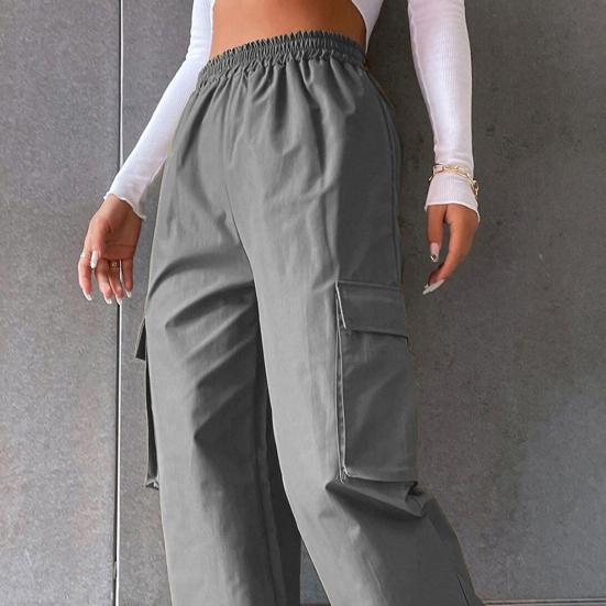 Women Cargo Pants Elastic Waist Wide Leg Solid Color Trousers Casual Joggers Sweatpants with Side Flap