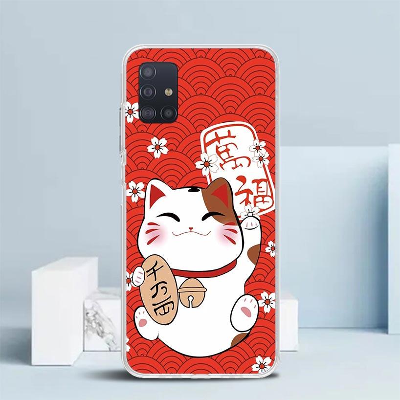 Lucky Cat Maneki Neko Japanese Soft Cover for Samsung Galaxy A12 A22 A32 A52 A72 A02S Phone Case Note 20 Ultra 10 S10 Plus A51 A