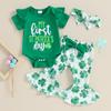 Весенние наряды для маленьких девочек, 3 мес, 6 мес, 12 мес, 18 мес, комбинезон с короткими рукавами и буквенным принтом, зеленые брюки-клевер с четырьмя листьями, повязка на голову, комплект одежды из 3 предметов