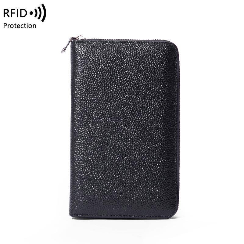 RFID Long Wallet: Top Grain Cowhide Passport & Document Holder with Zipper Phone Pouch for Men & Women