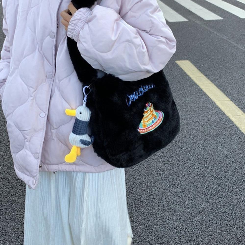Commuting Plush Shoulder Bag Cute Underarm Bag Soft Donut Embroidered Crossbody Bag  Female