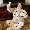 2 Pcs/Set Women Winter Pajamas Suit Thick Fleece Zip-up Dot Printing Long Sleeve High Collar Top Loose Pants Warm Sleepwear Casual Home Bedroom Wear