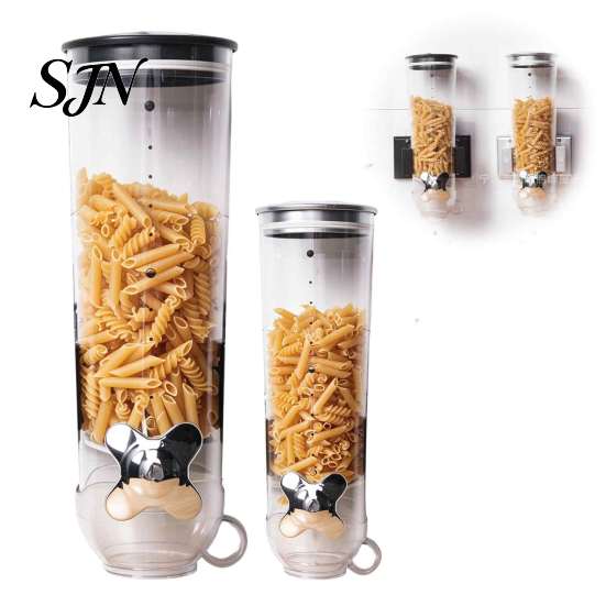 Plastic Food Storage Bin Wall Mounted Dry Dispenser, Space Saving Container with Measuring Kitchen Organization Accessories Cup, Clear Airtight
