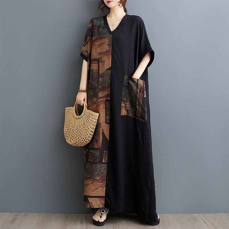 Летнее свободное женское платье из хлопка и льна с принтом и V-образным вырезом