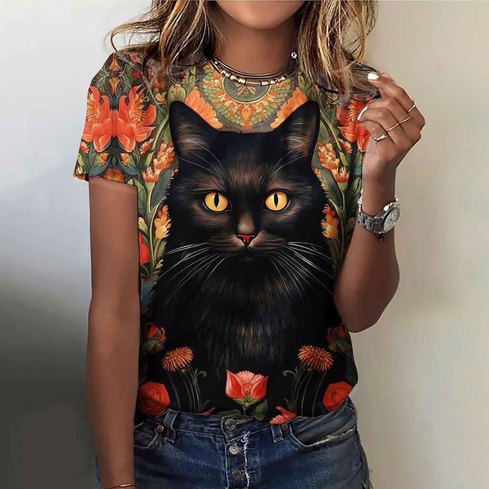 Летняя женская футболка с коротким рукавом и круглым вырезом, с принтом в виде черной кошки, футболка, пуловер, топ, модная уличная женская одежда