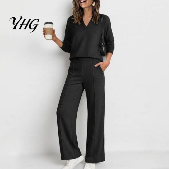 Wide Leg Trousers Women Sweatshirt Pants 2-Piece Set, V-Neck Long Sleeve Top & Fabric Fitness Clothing with Elastic Waist, Solid Color Matching Lounge