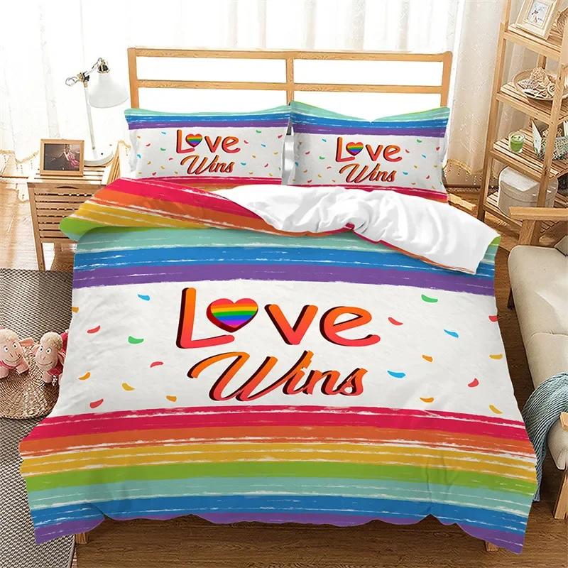 Комплект постельного белья Rainbow Pride, комплект пододеяльников Rainbow, дизайн в радужную полоску, 3 предмета, мягкое постельное белье из микрофибры, размер Queen/King Size