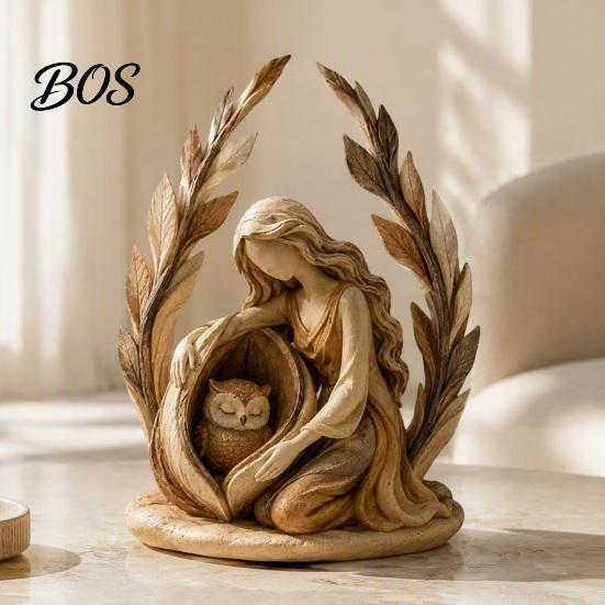 Bohemian Home Decor Woodland Guardian Resin Figurine, Rustic Forest Woman Sculpture with Fox Deer Owl, Mantel Decoration Boho Tabletop Ornament
