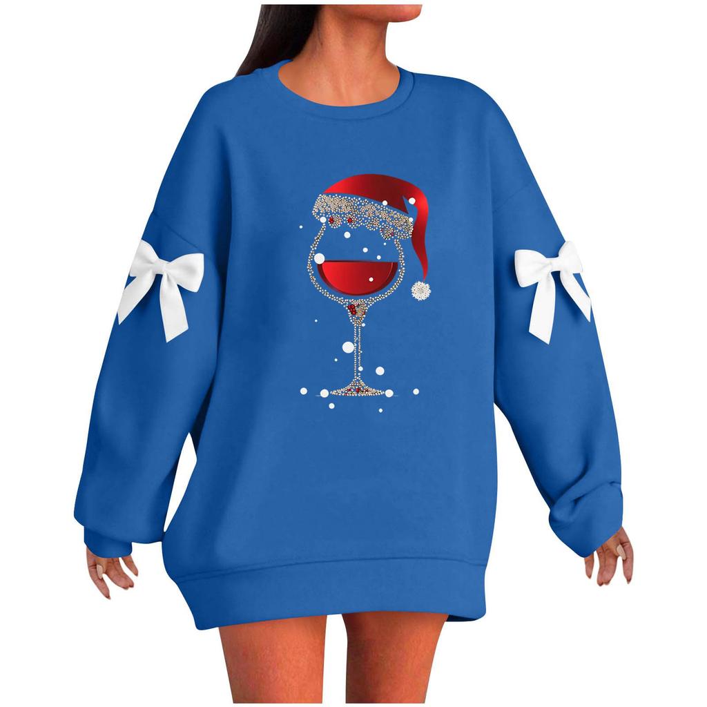 Ladies' Christmas Printed Bow Round Neck Long Sleeved Loose Pullover Sweater Sweatshirt Top