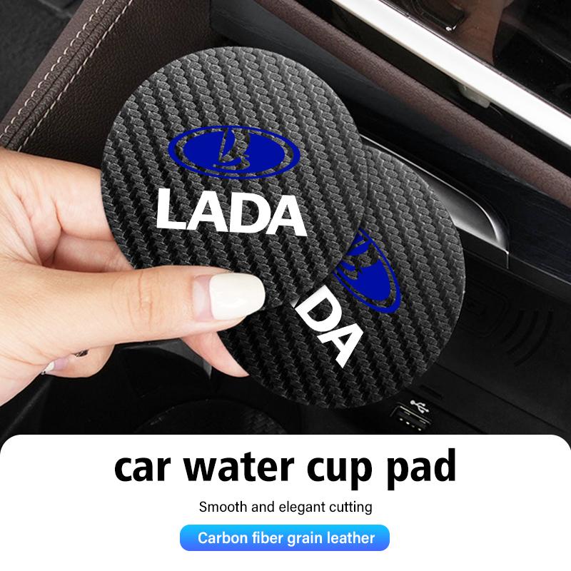 For Lada 2pcs Car Water Cup Pad Carbon Fiber Leather Non Slip Coaster Niva Vesta 4X4 Samara Kalina Largus Priora Granta F10