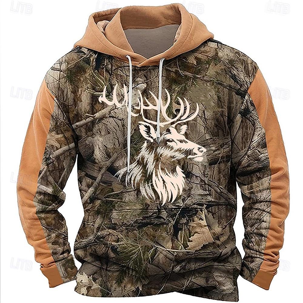 Men's Cowboy Deer Hoodies Daily Casual Long Sleeve Hooded Vacation Sports Outdoor Streetwear Black Yellow Print Front Pocket Spring & Fall Designer