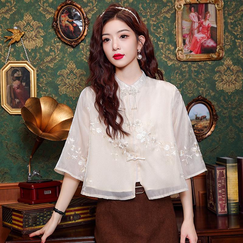 Spring Long Sleeve Mandarin Collar Embroidered Shirt for Women