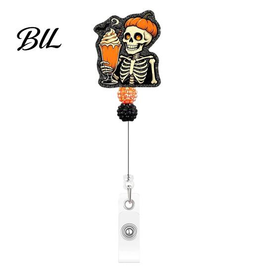 Decorative Badge Reel Halloween Retractable Reel, Skeleton And Pumpkin Design, Acrylic ID Card Funny Gift Holder with Sturdy Metal Clip for