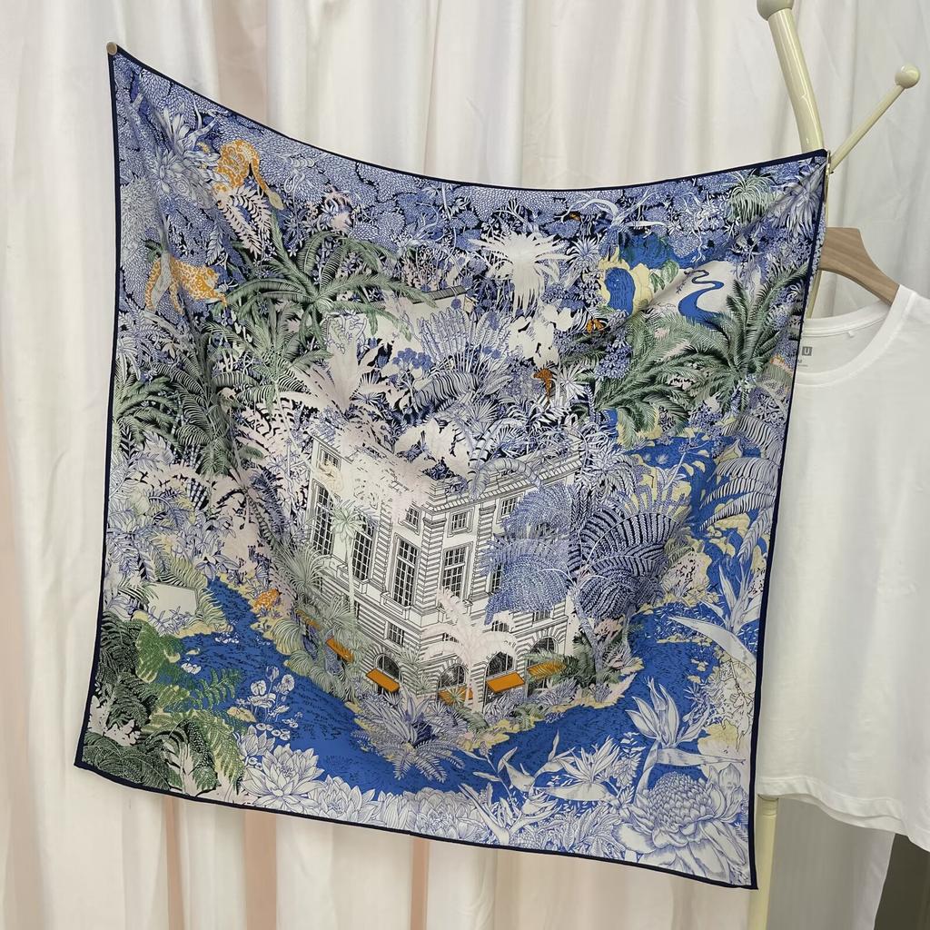 New European American and Korean Printed Silk Scarf with Large Square Scarf Versatile High-end Twill Sunscreen Decorative Shawl Scarf for Women