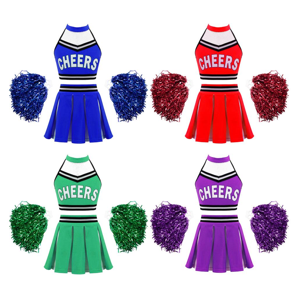 School Girls Costume Cheerleading Uniform Crop Vest Tops Pleated Skirt for Student Cosplay Party
