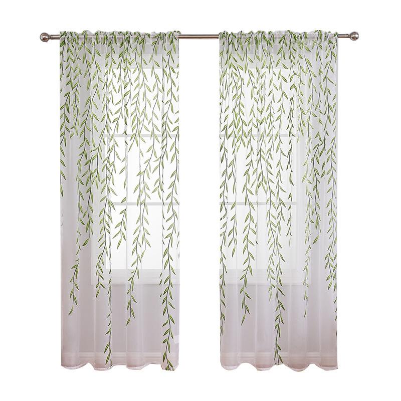 2 Panels Willow Leaf Window Curtain Voile Tulle Room Salix Leaf Sheer Vine Curtain Voile Panel Drapes Curtain Sheer Green Leaf Curtain for Living Room