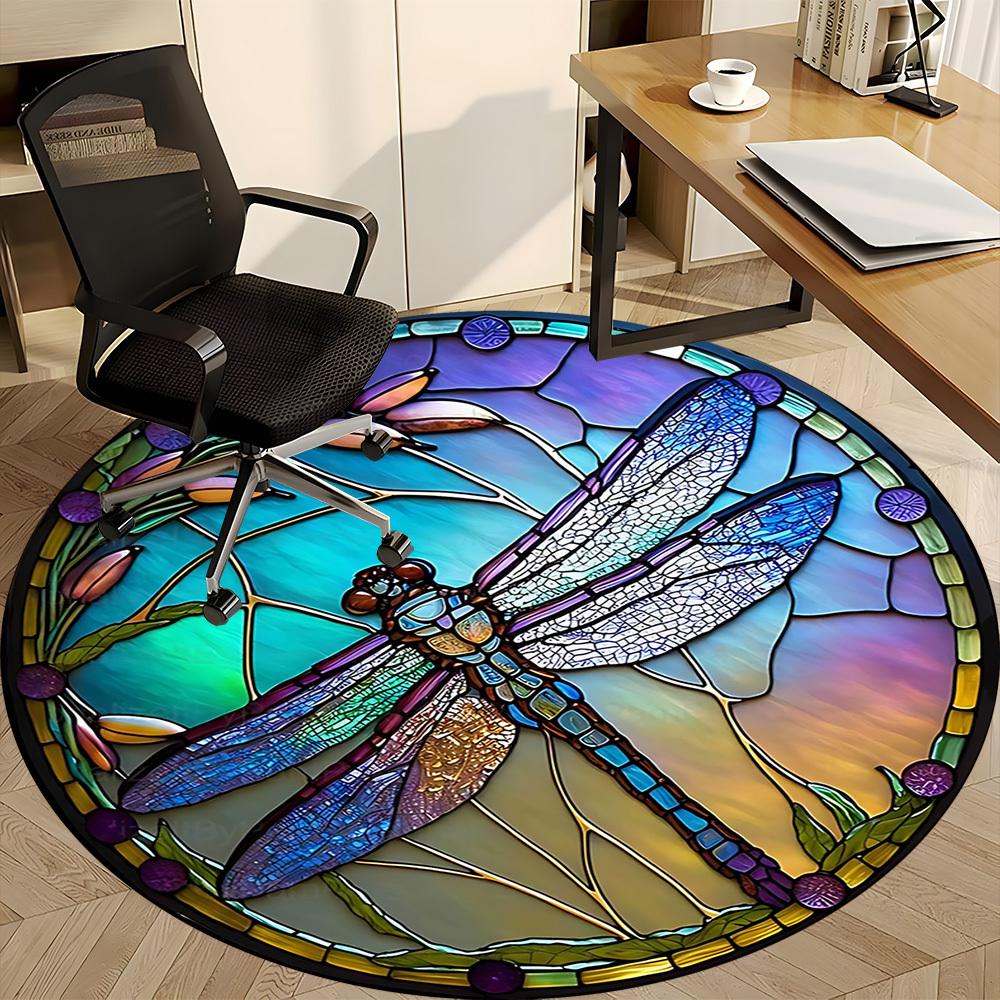 1PC Dragonfly StainedGlass Office Round Area Rug,  Mat Suitable ForOffice, Under Office Chairs Bedroom Living Room Home Decor, Room Deco
