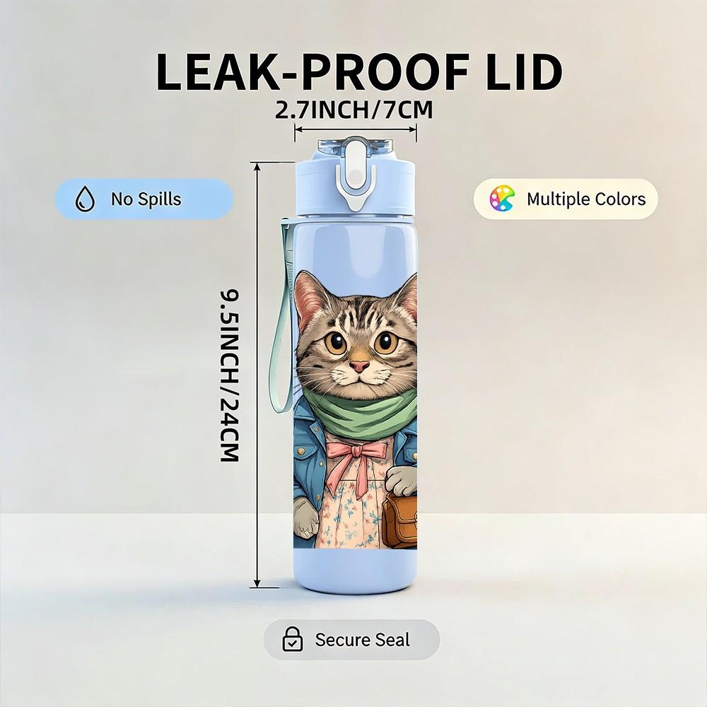1PC Scarf Gentle Cat Cartoon 750ml Color Plastic Sports Water Bottle Leakproof Flip Straw Lid Suitable for Sports Office Home Use