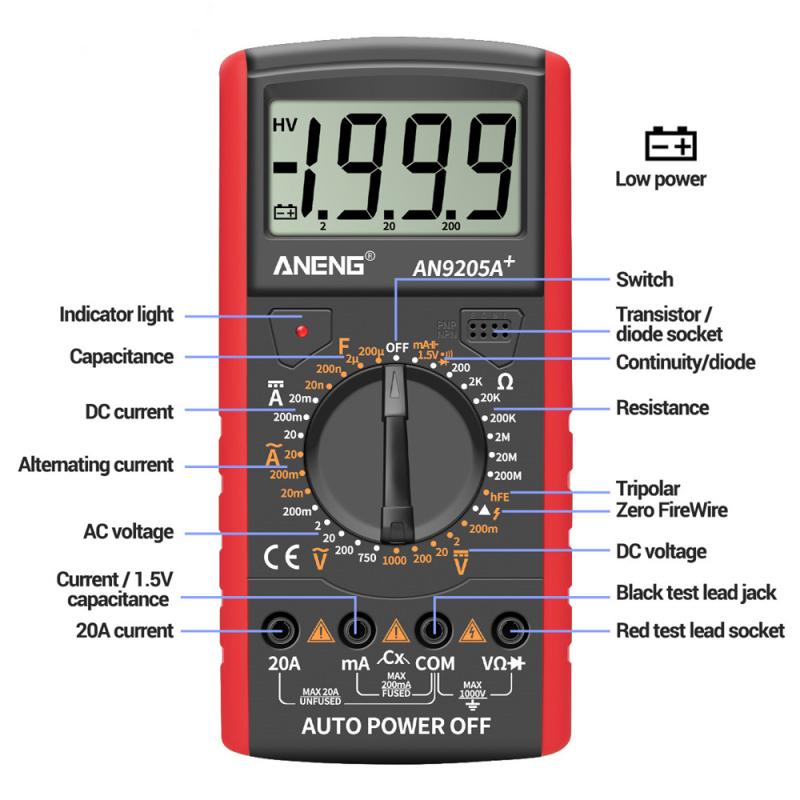 Цифровой мультиметр Aneng An9205a + True-rms, тестер транзисторов, тестер конденсаторов, автомобильная электротехника