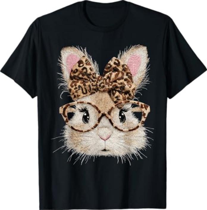 Cute Bunny Rabbit Face Leopard Coquette Bow Glasses Easter T-Shirt