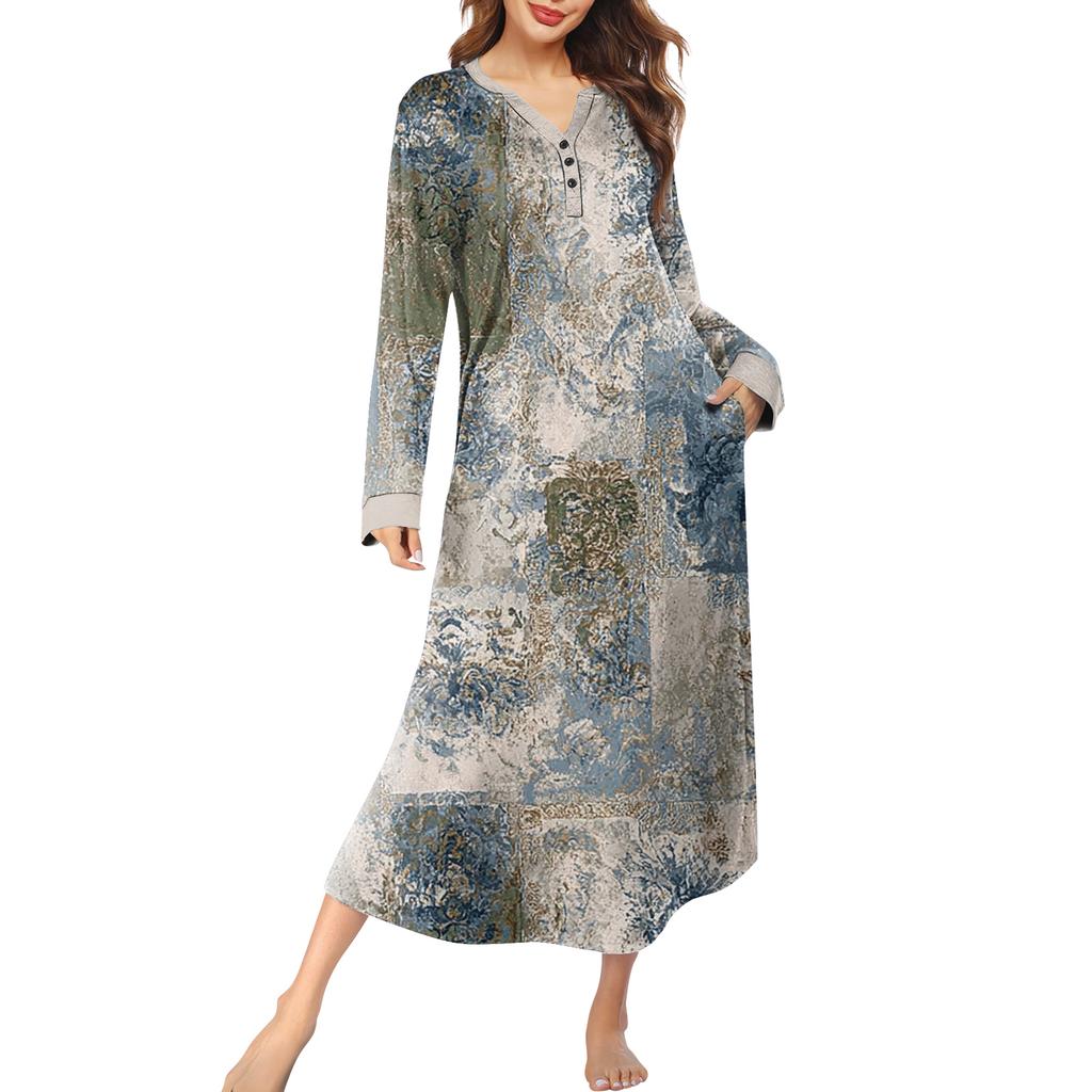 Женская ночная сорочка длинная домашняя одежда с V-образным вырезом и карманами