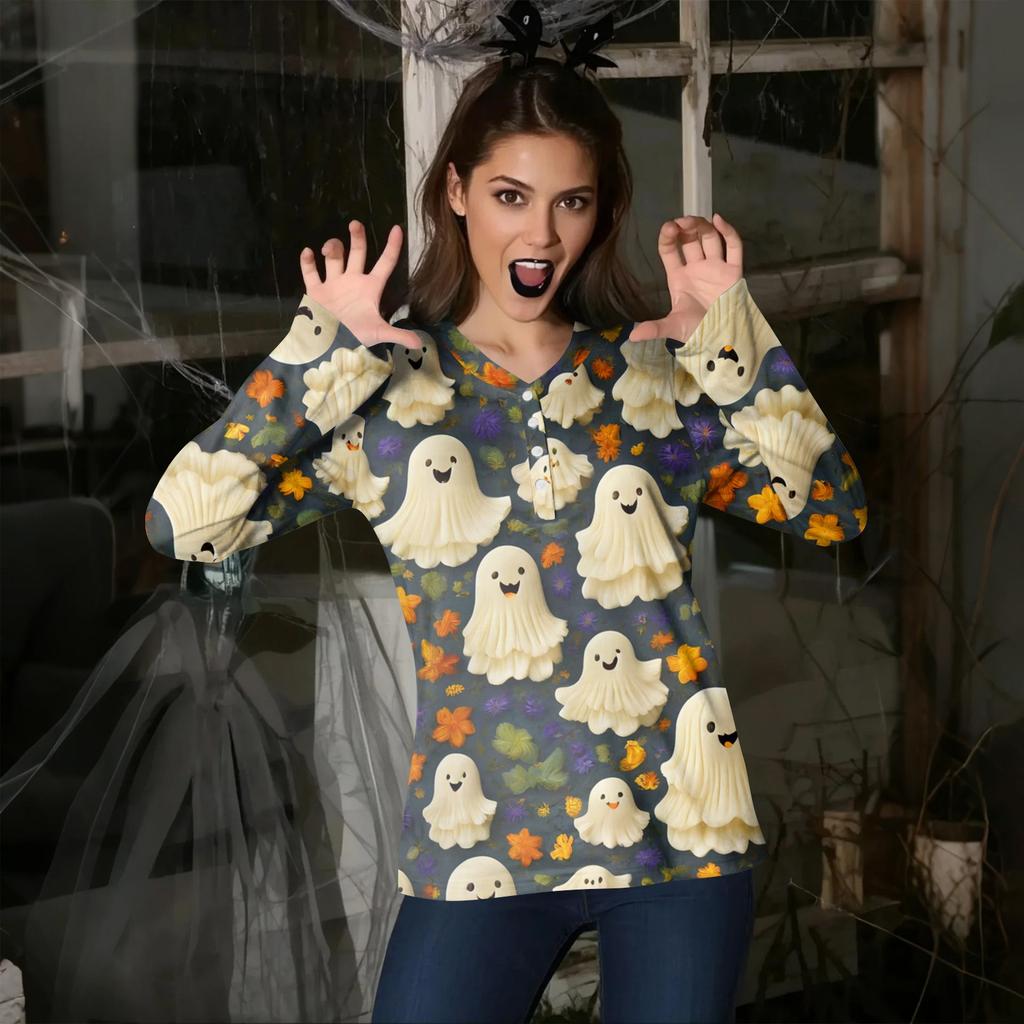 Женская повседневная мода, сексуальный комфорт, Хэллоуин с принтом и v-образным вырезом, пуговицы, длинный рукав