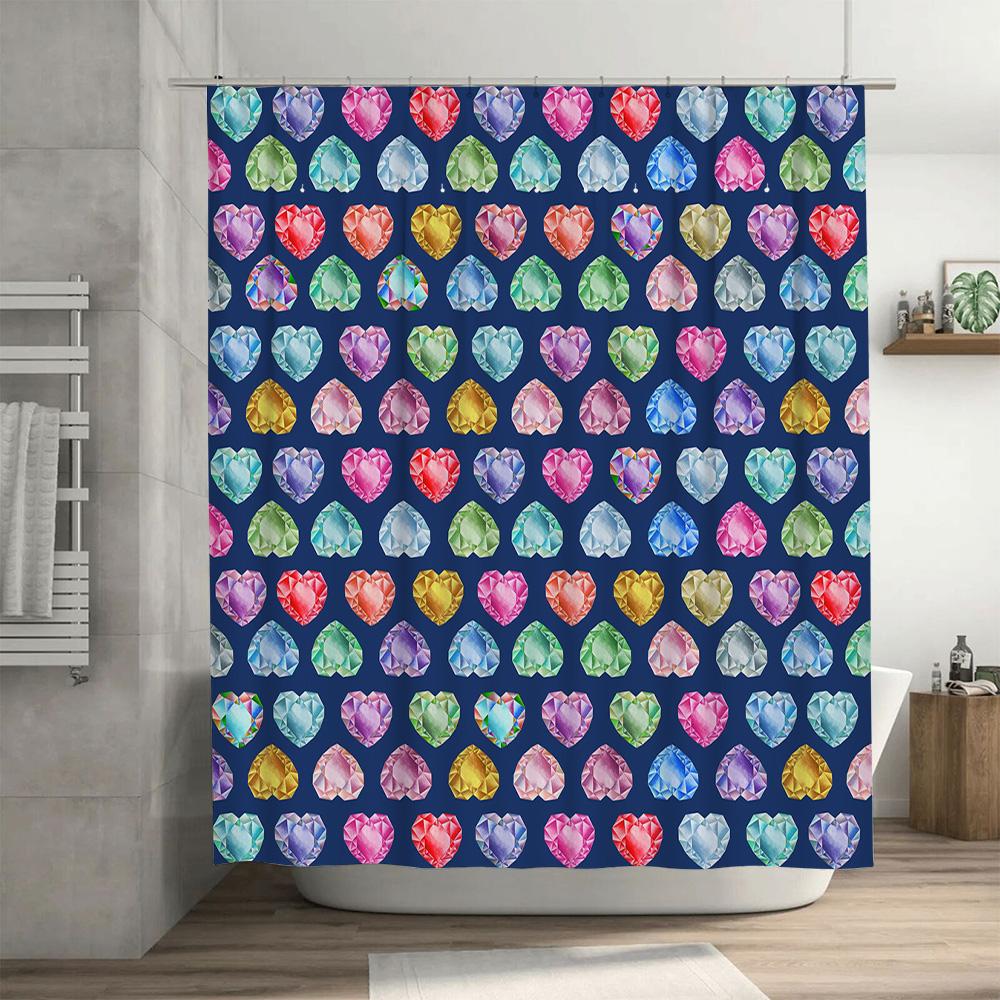 Colorful Gem Shower Curtain Set Bath Decor with Heart Shape Design Washable Fabric for Bathroom Various Colors Available