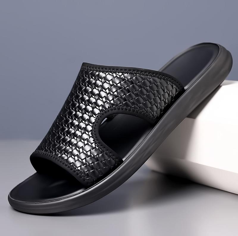 Брендовые летние мужские удобные плетеные кожаные шлепанцы модная версия нескользящие мягкие подошвы клипсы тапочки набор тапочки