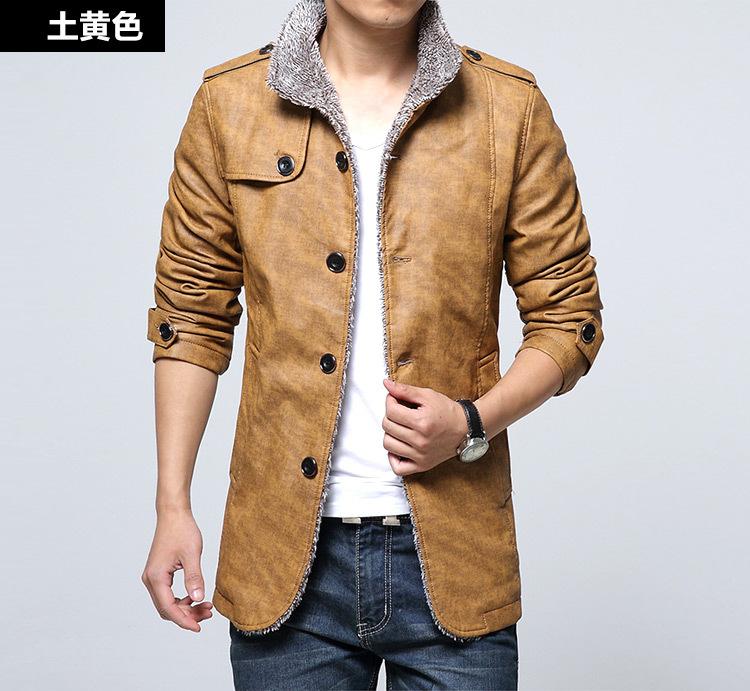 Autumn and winter new velvet PU leather jacket men's fashion and leisure medium and long stand-up collar jacket men's business and leisure