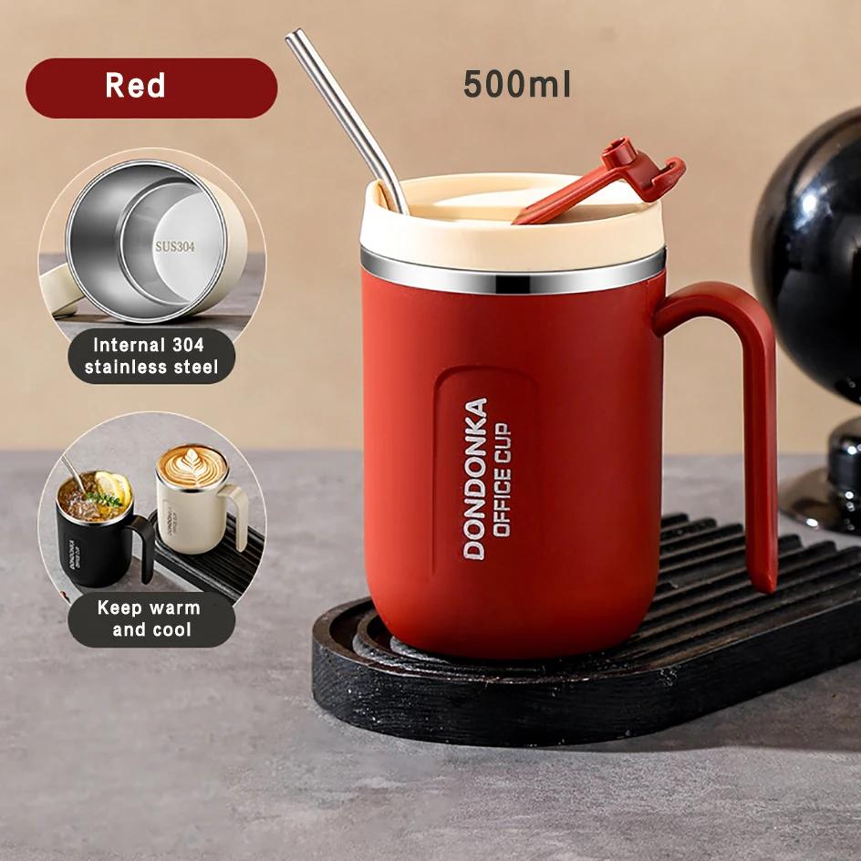 500ML Insulated Coffee Cups Stainless Steel Mugs with Straw Portable Travel Mug Handle Cup Drink Insulation And Cold Insulation