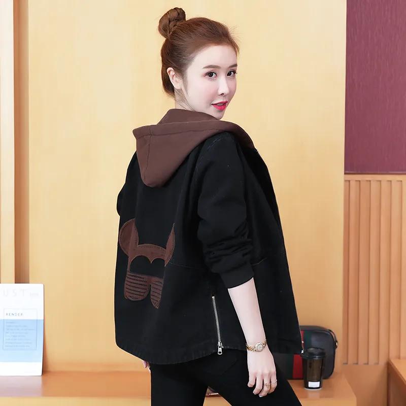 Spring and Autumn Korean Version of The Hooded Embroidered Denim Jacket Women's Loose Spring and Autumn All-match Thin Casual Denim