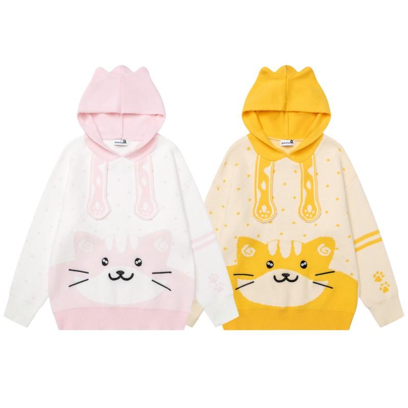 Womens Cute Cartoon Cat Jacquard Polka Dot Color Block Hooded Sweater Teens