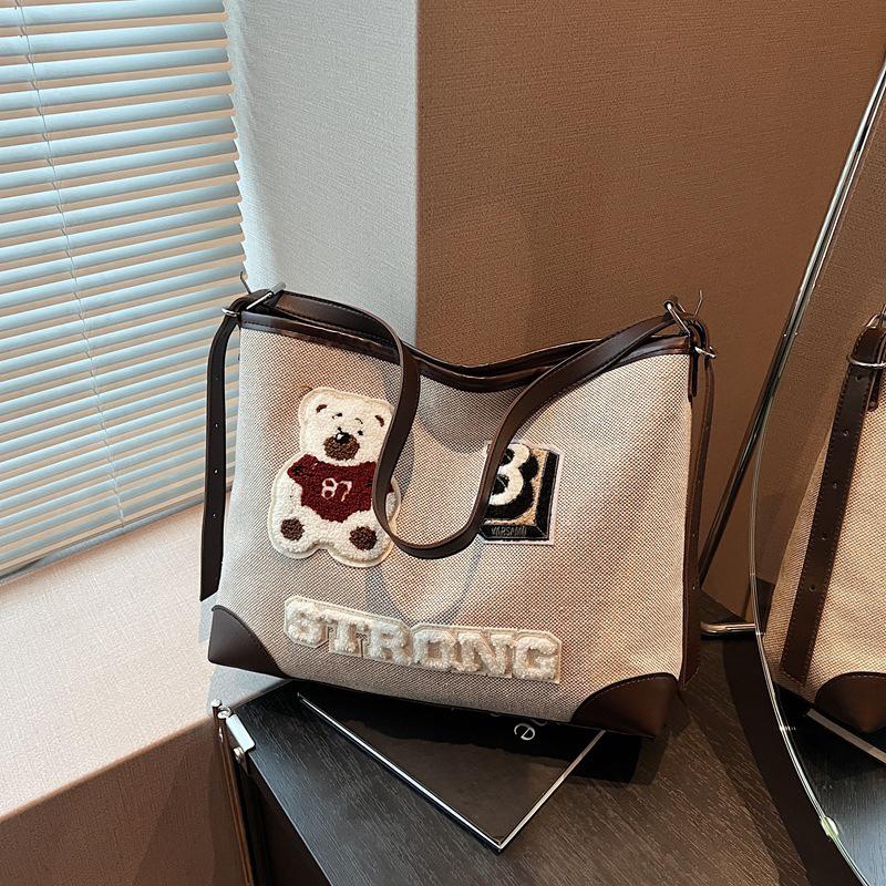 Винтажная сумка-тоут с рисунком медведя, большая вместимость, женская сумка через плечо, модная универсальная школьная сумка для девочек-подростков