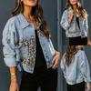 Women's Fashion Casual Leopard Jeans Jacket Elegant Turn-down Collar Metal Buttoned Cardigan Coats