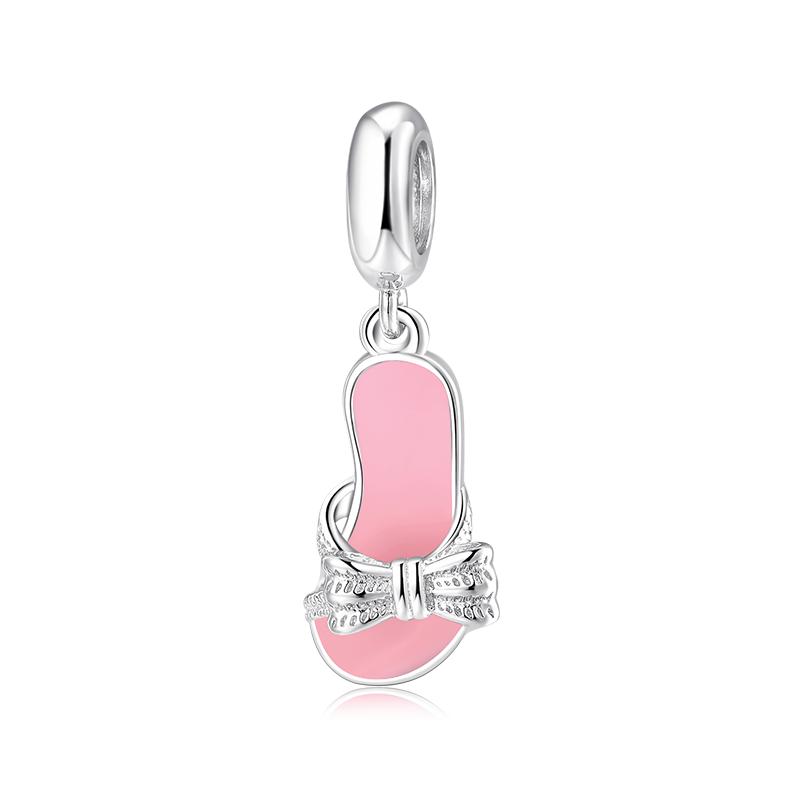 Real 925 Sterling Silver Pretty Dance Shoe Enamel Pink Pendants Fit Bracelet Beads Fashion Jewelry Accessories Jewelry