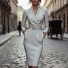 Women's Professional Work Business Dress Long Sleeve Church Teacher Pencil Sheath Dress V Neck Midi Bodycon Suit Dress with Belt